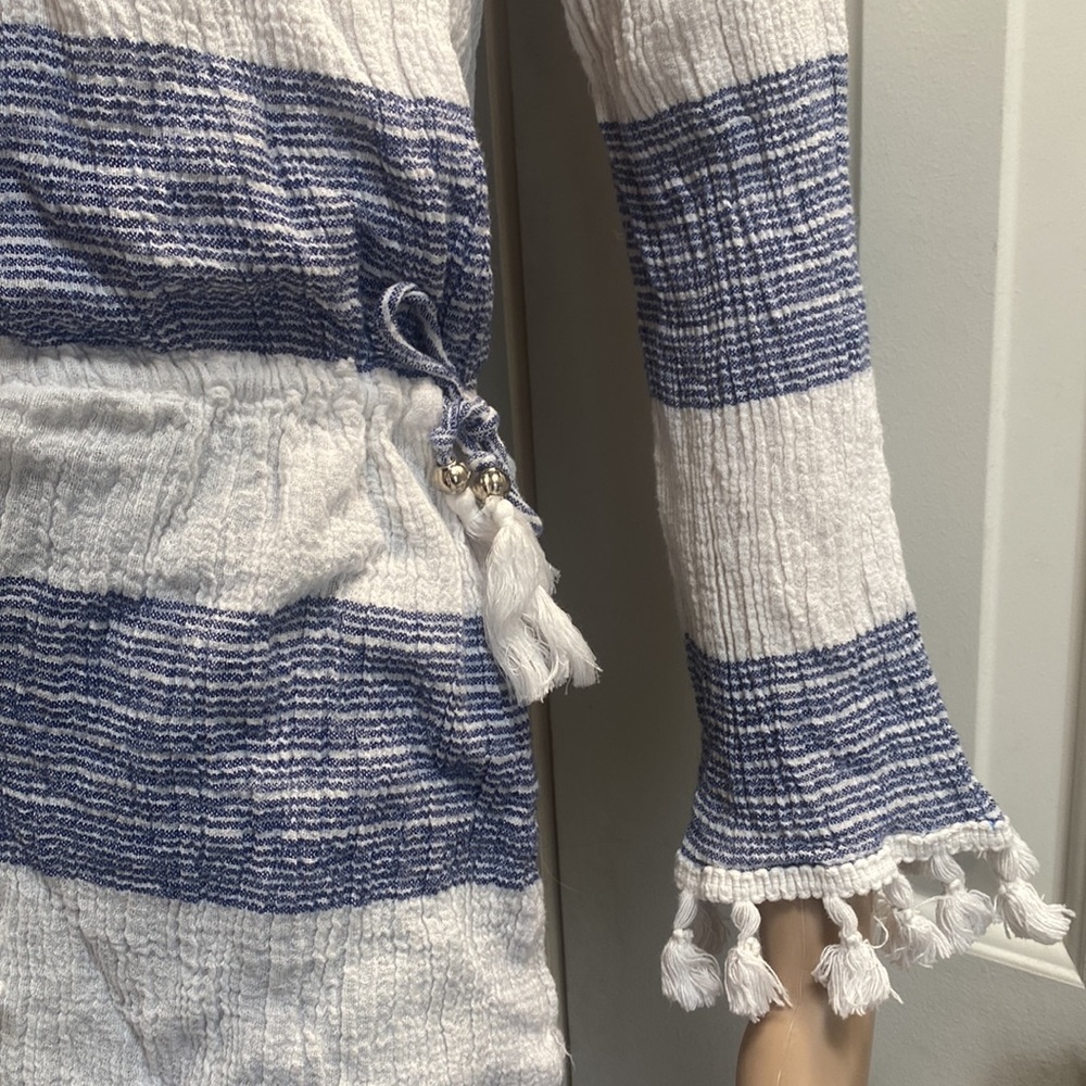 Blue Island Womens L Boho Fringe Long Sleeve Top. Blue and White stripes. - Picture 5 of 12